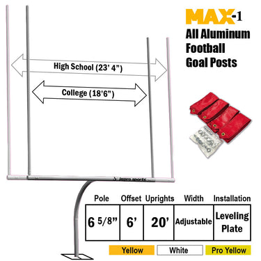Football Goal Posts - 6-5/8 in. Pole | 6 ft. Offset | 20 ft. Uprights | Expandable Crossbar | Leveling Plate - Max-1